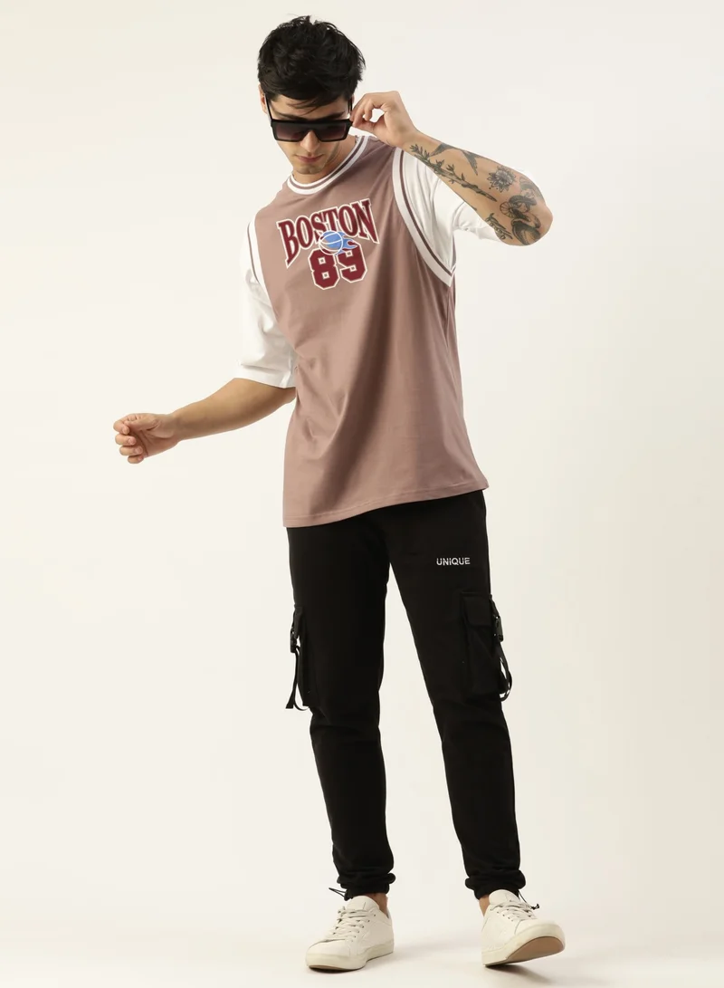 مانياك Maniac Mens Solid Round Neck Half Sleeve Brown and White Cotton Oversized T-Shirt
