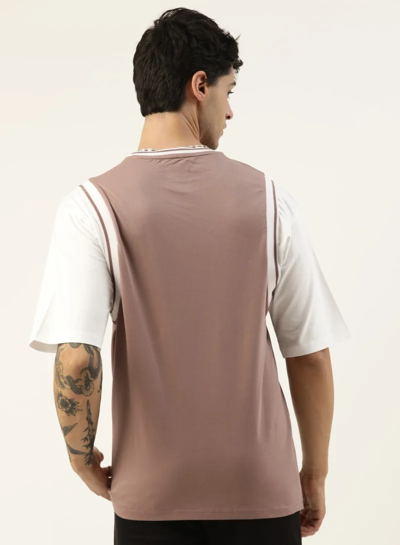 مانياك Maniac Mens Solid Round Neck Half Sleeve Brown and White Cotton Oversized T-Shirt