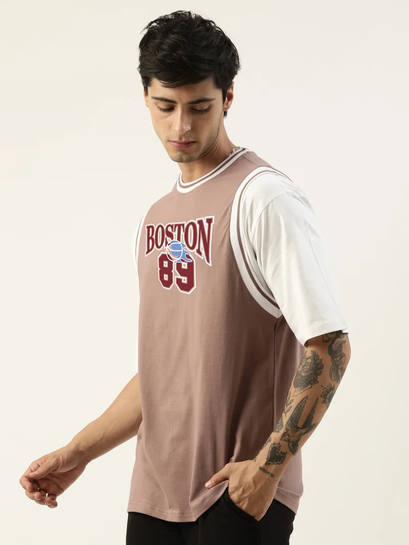 مانياك Maniac Mens Solid Round Neck Half Sleeve Brown and White Cotton Oversized T-Shirt
