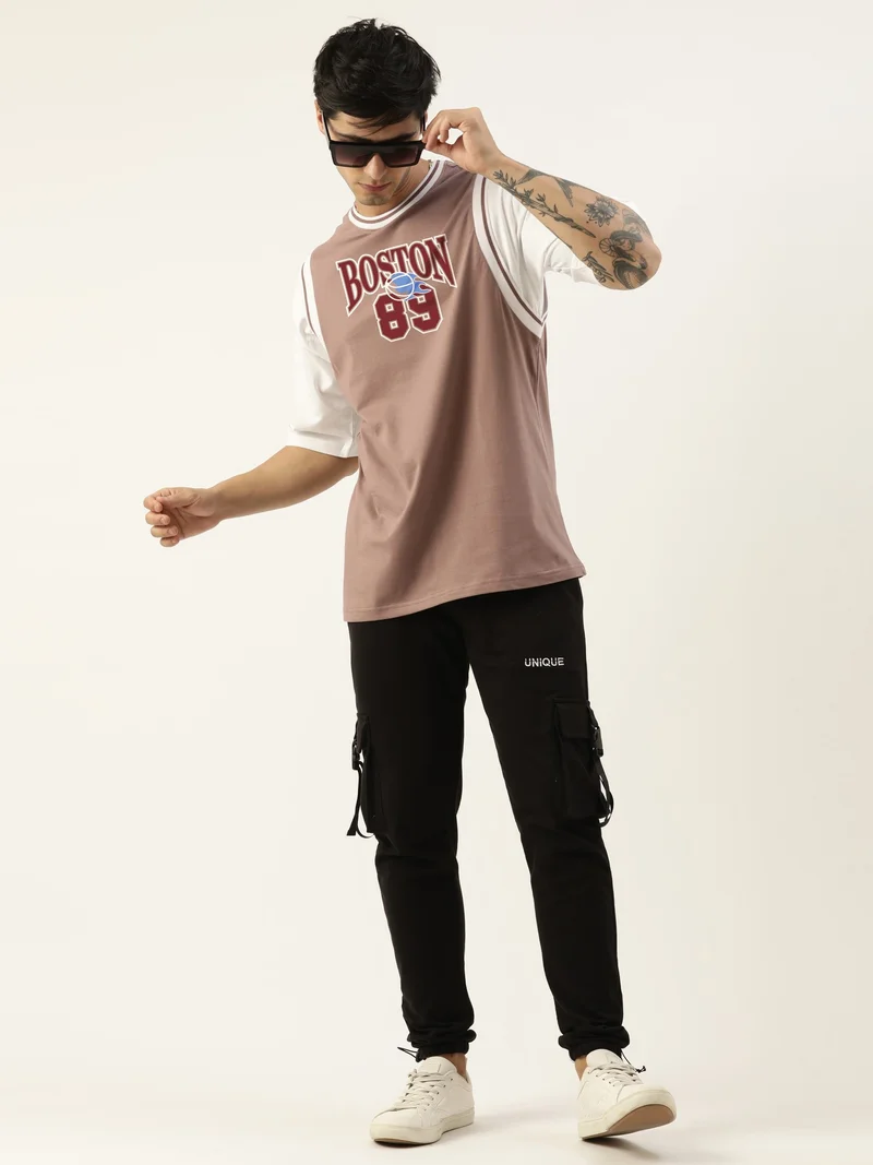 مانياك Maniac Mens Solid Round Neck Half Sleeve Brown and White Cotton Oversized T-Shirt