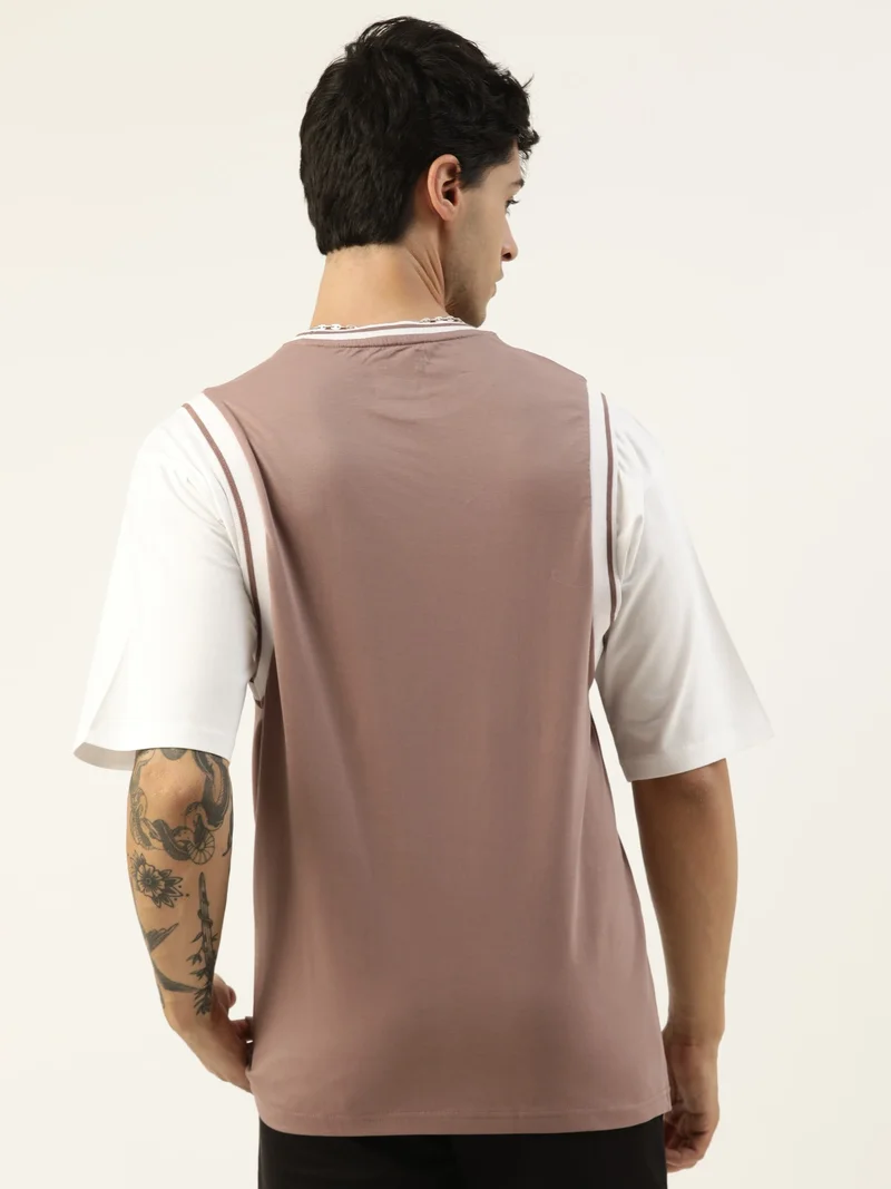 مانياك Maniac Mens Solid Round Neck Half Sleeve Brown and White Cotton Oversized T-Shirt