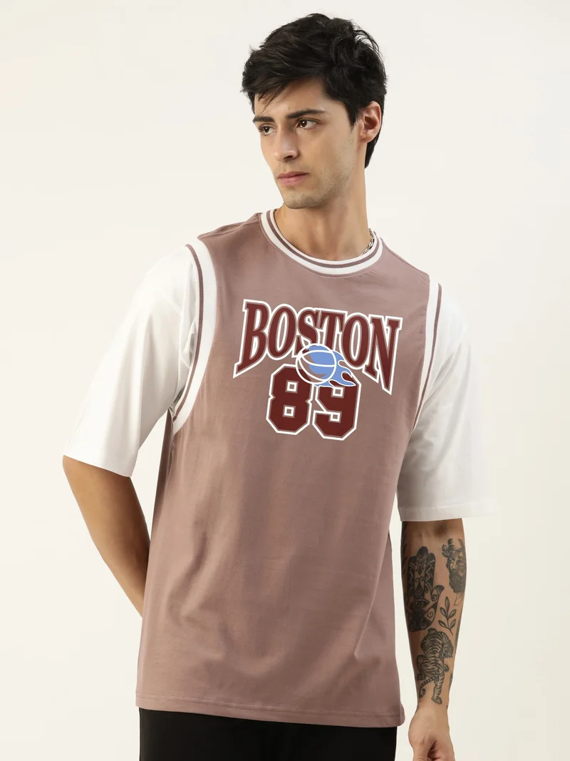 مانياك Maniac Mens Solid Round Neck Half Sleeve Brown and White Cotton Oversized T-Shirt
