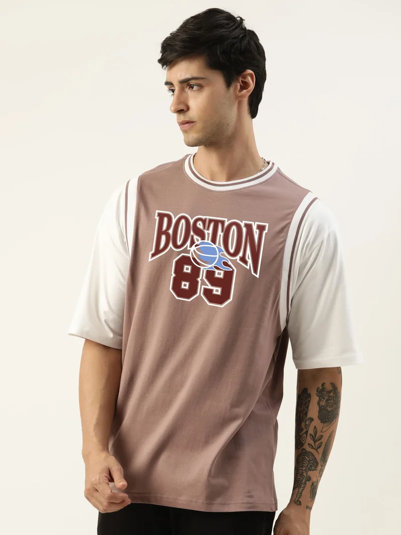 مانياك Maniac Mens Solid Round Neck Half Sleeve Brown and White Cotton Oversized T-Shirt