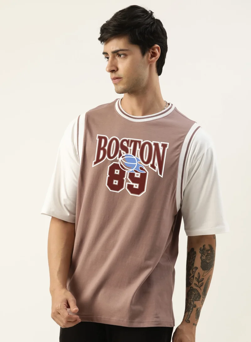 مانياك Maniac Mens Solid Round Neck Half Sleeve Brown and White Cotton Oversized T-Shirt
