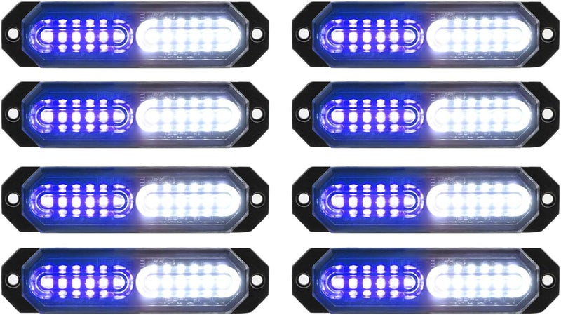 ASPL 8pcs Sync Feature Ultra Slim 12-LED Surface Mount Flashing Strobe Lights for Truck Car Vehicle LED Mini Grille Light Head Emergency Beacon Hazard Warning Lights (Blue/White) - Image 1