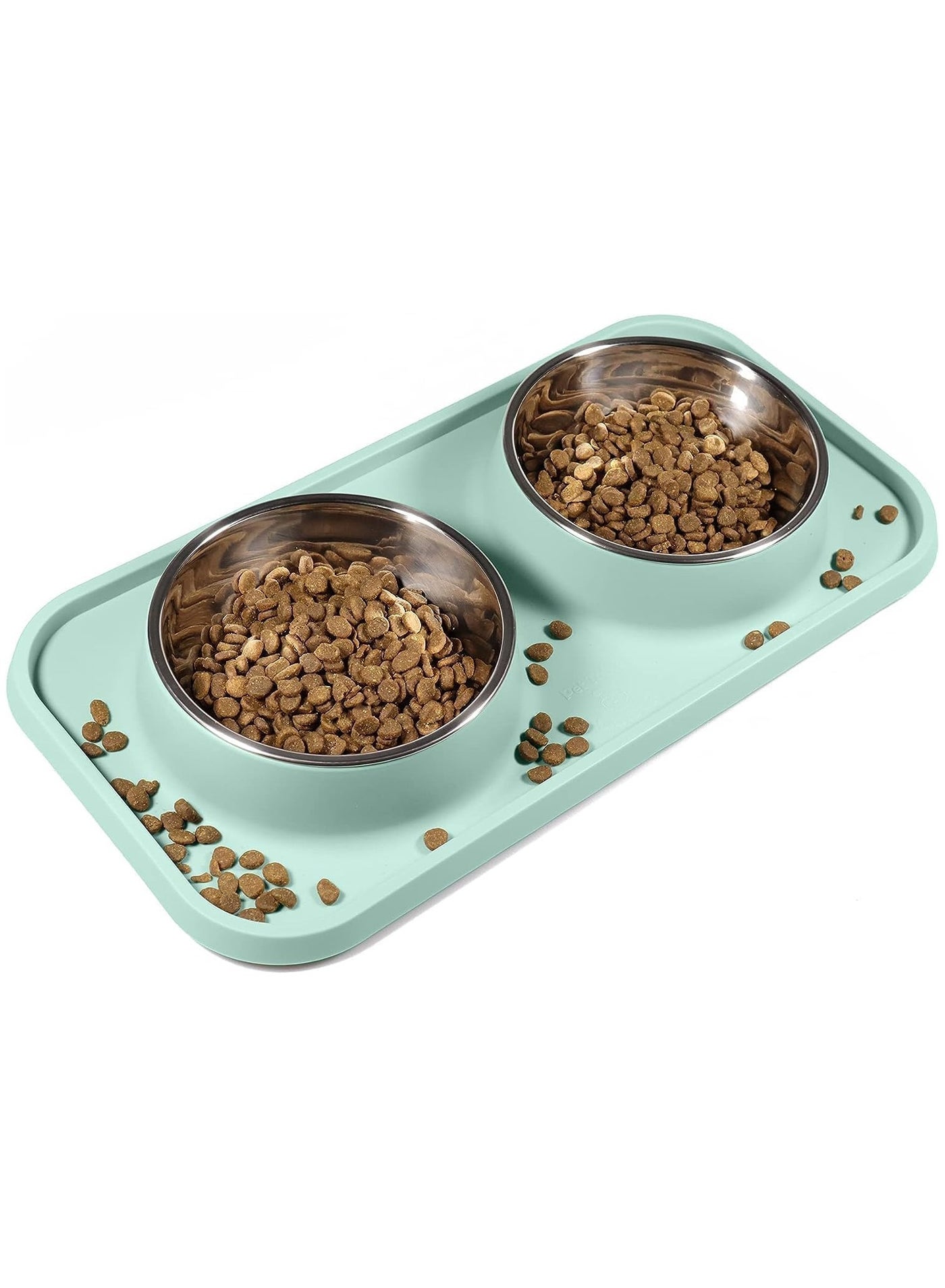 MahMir® Cat Food and Water Bowls, Bowls Non-Skid and Non-Spill Silicone Mats with Stand, Removable Stainless Steel Water Dishes for Cats, Small Size Dogs (Aquamarine)