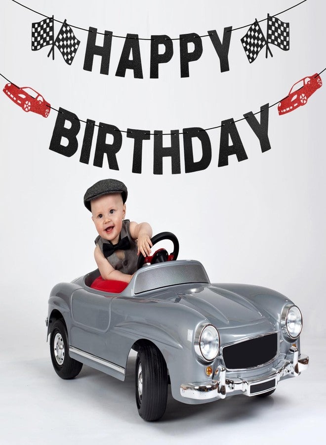 XIHIRCD لافتة عيد ميلاد بتصميم سيارة سباق - علم متقلب، عيد ميلاد سعيد، أبيض وأسود - لوازم تزيين حفلات بطابع سباقات السيارات - Image 3