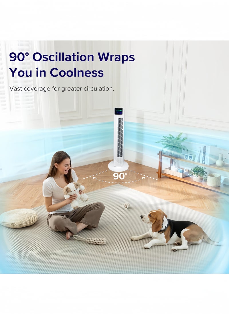 Tower Fan with Remote, 90° Oscillation Bladeless Standing Fan,27ft/s High-Speed 34dB Quiet Floor Fan Pedestal Fans with 3 Speeds, 3 Modes, 12H Timer，Temperature LED Display Black