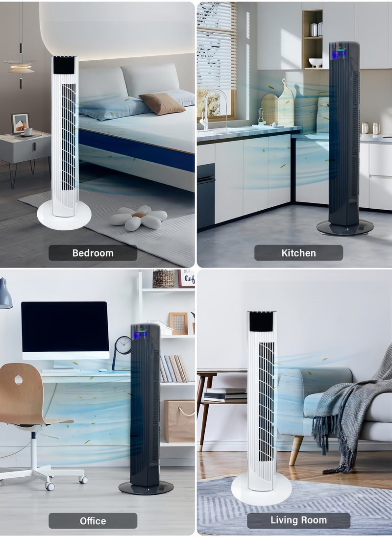 Tower Fan with Remote, 90° Oscillation Bladeless Standing Fan,27ft/s High-Speed 34dB Quiet Floor Fan Pedestal Fans with 3 Speeds, 3 Modes, 12H Timer，Temperature LED Display Black