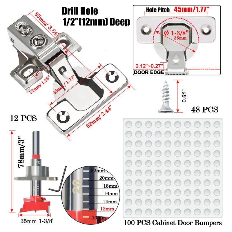 Besteel 24 Pack 1/2 Inch Overlay Soft Close Cabinet Door Hinges For Kitchen Cabinet Hinges Hidden Hinge Stainless Steel Concealed Kitchen Cabinet Hinge Self Closing Screw Holes Distance Of Cup Is 45 Mm - Image 2