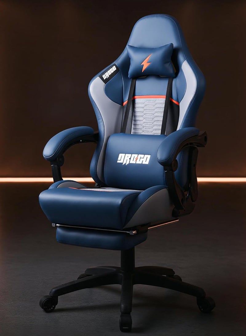 Drogo Ergonomic Gaming Chair with 7 Way adjustable Seat PU Leather Material Desk Chair Head & USB Massager Lumbar Pillow Video Games Chair Home  Office Chair with Full Reclining Back Footrest Blue - Image 1