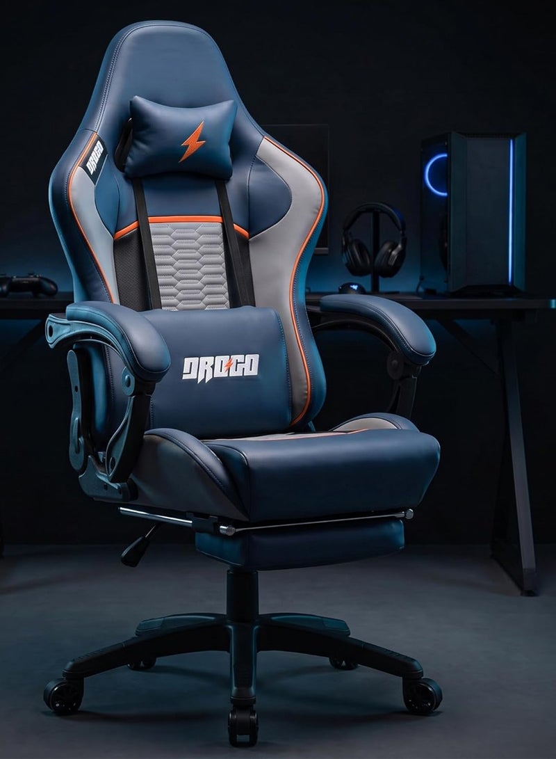 Drogo Ergonomic Gaming Chair with 7 Way adjustable Seat PU Leather Material Desk Chair Head & USB Massager Lumbar Pillow Video Games Chair Home  Office Chair with Full Reclining Back Footrest Blue - Image 1
