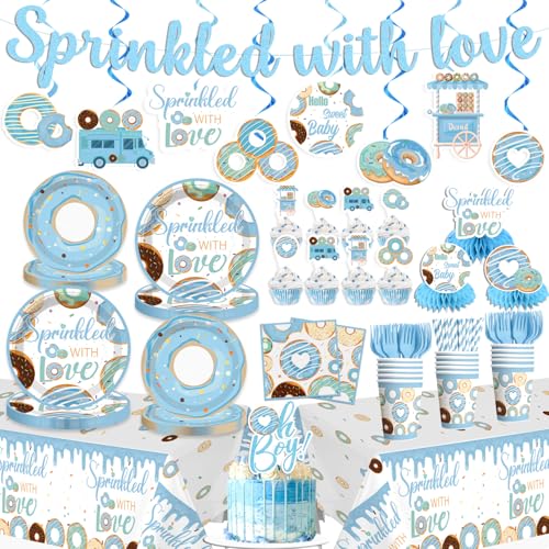 cocomigo Baby Sprinkle Decorations for Boy with Cake Topper Honeycomb Centerpieces 25 Serves Disposable Tableware Set Banner Plates Napkins Cup Table Cloth for blue baby boy sprinkle decorations - Image 1