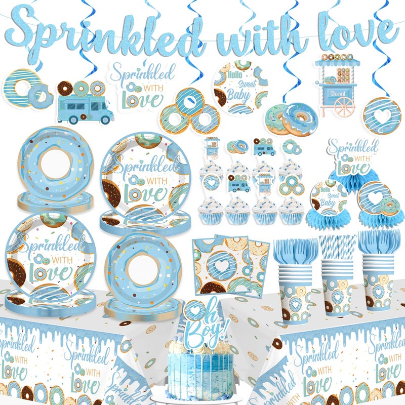 cocomigo Baby Sprinkle Decorations for Boy with Cake Topper Honeycomb Centerpieces 25 Serves Disposable Tableware Set Banner Plates Napkins Cup Table Cloth for blue baby boy sprinkle decorations - Image 2