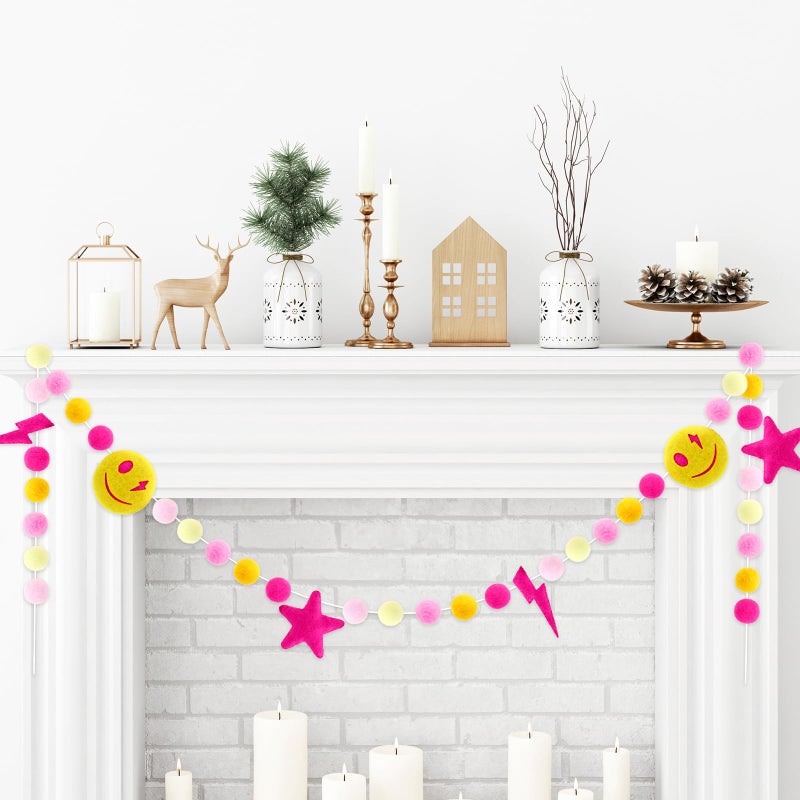 Whaline Preppy Felt Banner 3D Pink Face Lighting Star Banner Felt Ball Garland Pre-Assembled Preppy Theme Bunting Garland for Back to School Dorm Classroom Hanging Decoration Party Supplies - Image 3