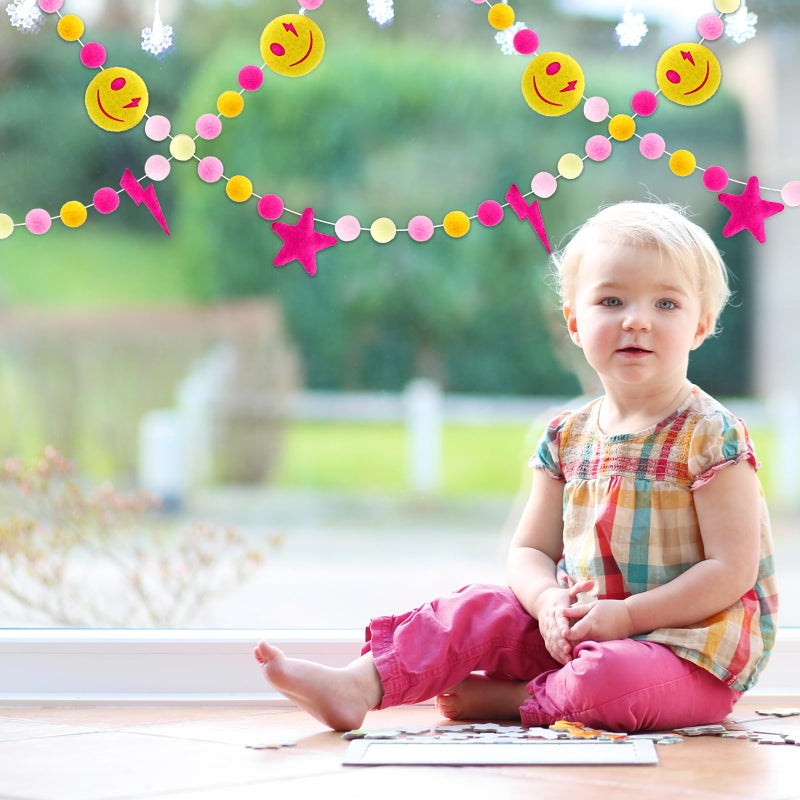 Whaline Preppy Felt Banner 3D Pink Face Lighting Star Banner Felt Ball Garland Pre-Assembled Preppy Theme Bunting Garland for Back to School Dorm Classroom Hanging Decoration Party Supplies - Image 4