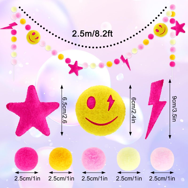 Whaline Preppy Felt Banner 3D Pink Face Lighting Star Banner Felt Ball Garland Pre-Assembled Preppy Theme Bunting Garland for Back to School Dorm Classroom Hanging Decoration Party Supplies - Image 2