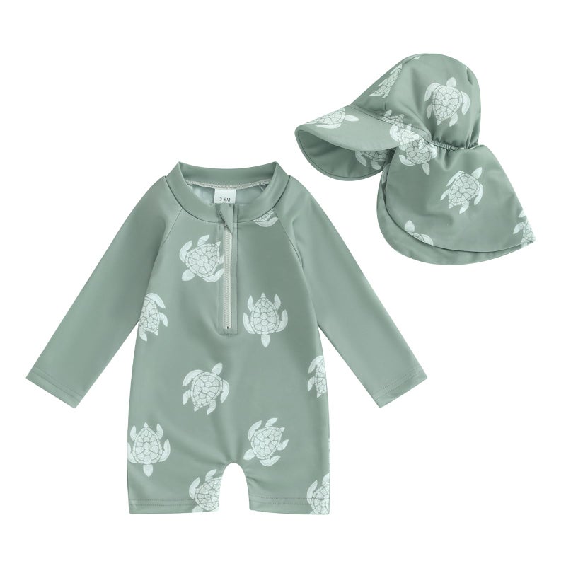 Socutebabe Toddler Infant Baby Boys Swimsuit Kids Rash Guard One Piece Newborn Zipper Bathing Suit Swimwear with Hat Turtle Green36 Months
