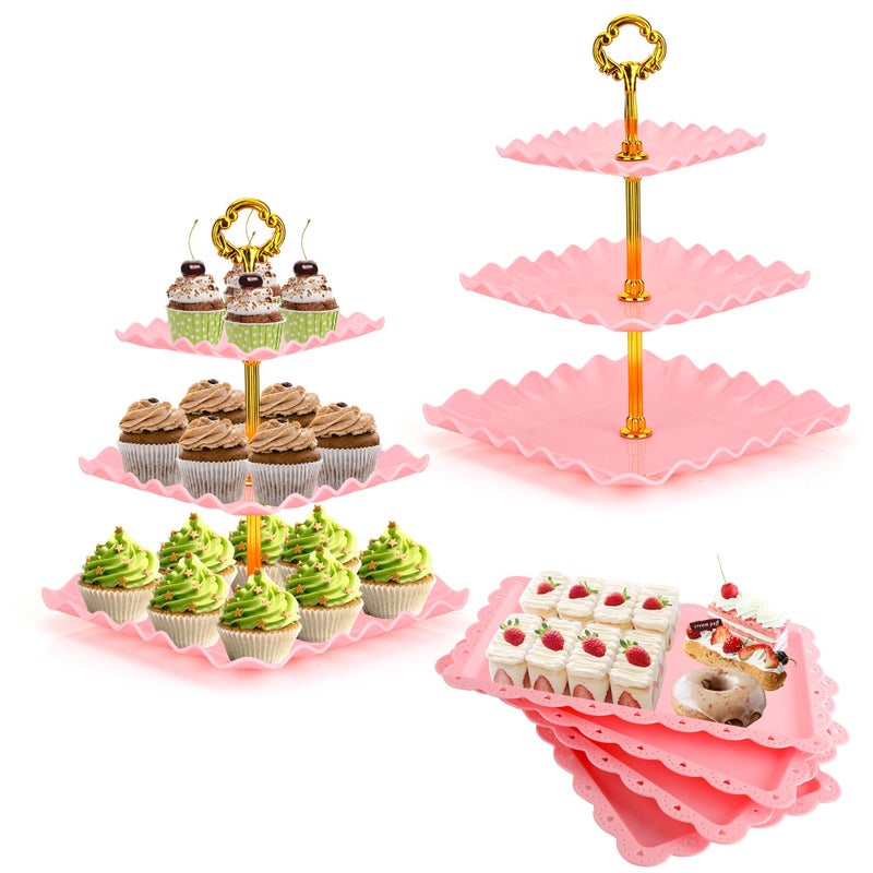 FARQAN 6 Pcs Dessert Table Display Set - 2 X Cupcake Stand Holder/Cup Cake Tier Tower & 4 X Serving Tray Combo for Tea Party, Birthday, Baby Shower (Square Pink) - Image 1