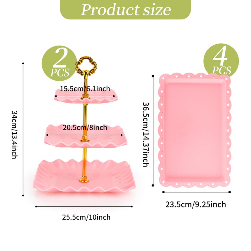 FARQAN 6 Pcs Dessert Table Display Set - 2 X Cupcake Stand Holder/Cup Cake Tier Tower & 4 X Serving Tray Combo for Tea Party, Birthday, Baby Shower (Square Pink) - Image 2