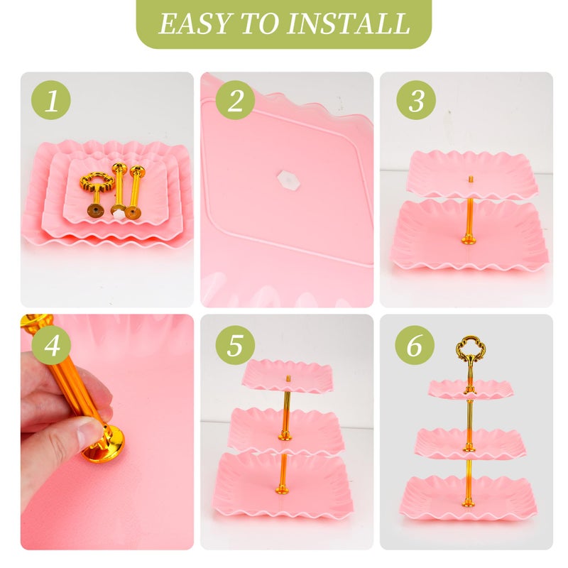 FARQAN 6 Pcs Dessert Table Display Set - 2 X Cupcake Stand Holder/Cup Cake Tier Tower & 4 X Serving Tray Combo for Tea Party, Birthday, Baby Shower (Square Pink) - Image 3