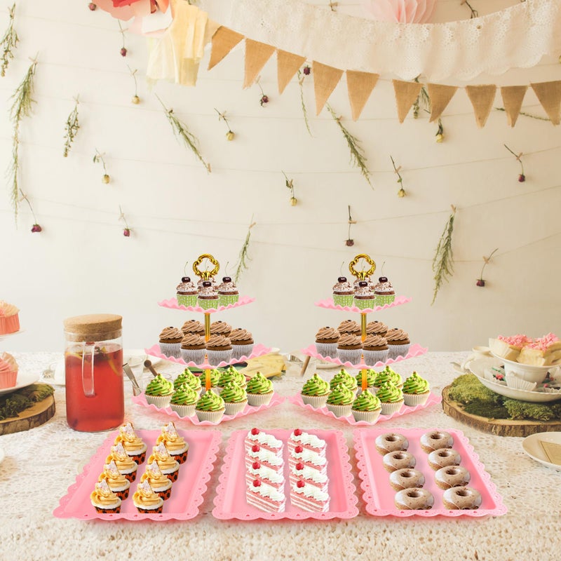 FARQAN 6 Pcs Dessert Table Display Set - 2 X Cupcake Stand Holder/Cup Cake Tier Tower & 4 X Serving Tray Combo for Tea Party, Birthday, Baby Shower (Square Pink) - Image 5