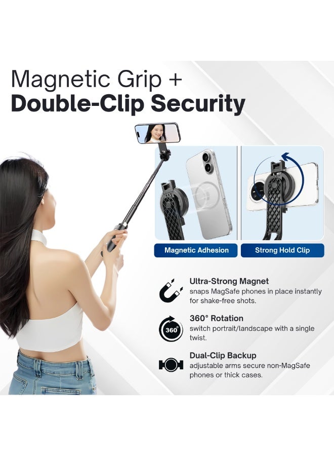 Nexso Magnetic Selfie Stick Tripod with Bluetooth Remote – 22.5cm to 1.34m Extendable, Magnetic Design, Portable, Adjustable for iPhone & Android – Ideal for Group, Vlogging & Live Streaming - Image 4