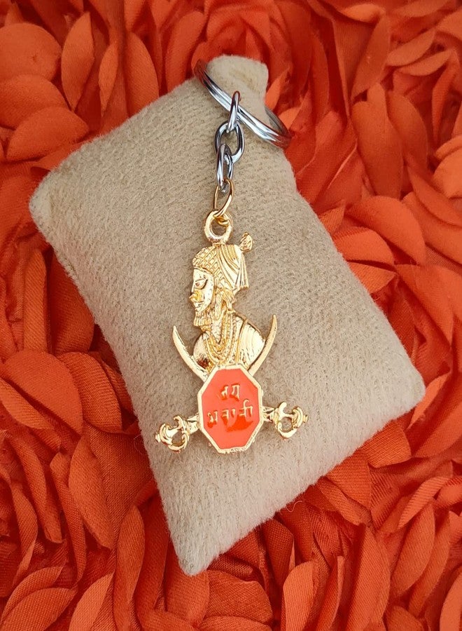 M Men Style Double Sided Chatrapati Shivaji Maharaj Statue Jay Bhavani Gold Orenge Zinc Metal Religious Keyring Keychain For Men And Women - Image 5