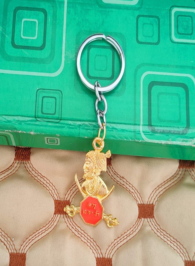 M Men Style Double Sided Chatrapati Shivaji Maharaj Statue Jay Bhavani Gold Orenge Zinc Metal Religious Keyring Keychain For Men And Women - Image 4