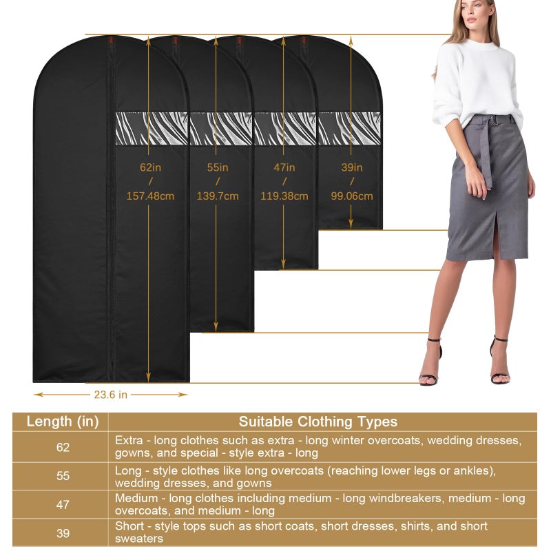 JOLYEAK 62-Inch Garment Bags Covers,Hanging Clothes Bag, Suit Cover Bags with Clear Window for Hanging Closet Clothes Storage and Travel (Black) - Image 3