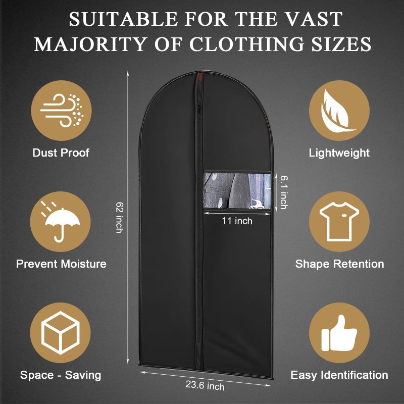 JOLYEAK 62-Inch Garment Bags Covers,Hanging Clothes Bag, Suit Cover Bags with Clear Window for Hanging Closet Clothes Storage and Travel (Black) - Image 2