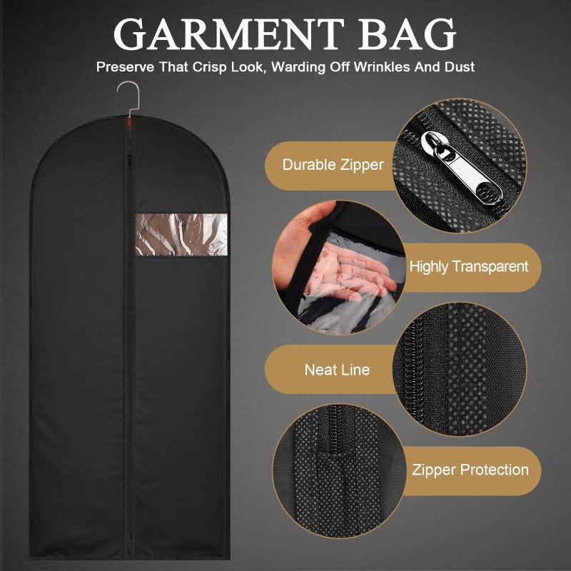 JOLYEAK 62-Inch Garment Bags Covers,Hanging Clothes Bag, Suit Cover Bags with Clear Window for Hanging Closet Clothes Storage and Travel (Black) - Image 5