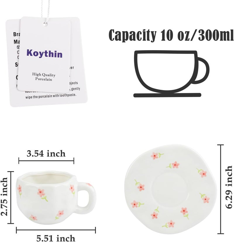Koythin Ceramic Coffee Mug with Saucer Set, Cute Pink Small Flower Cup Unique for Office and Home, 10 oz/300 ml for Latte Tea Milk - Image 2