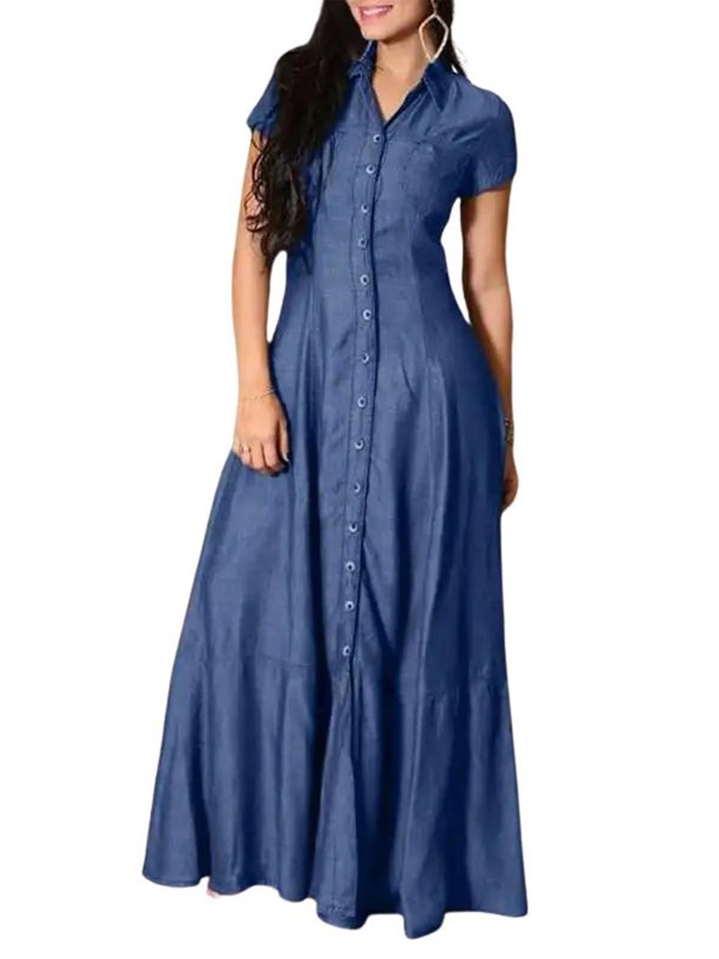 utcoco Womens Short Sleeve Denim Maxi Dress Casual Loose Fit Button Down Long Jean Dresses Medium Blue