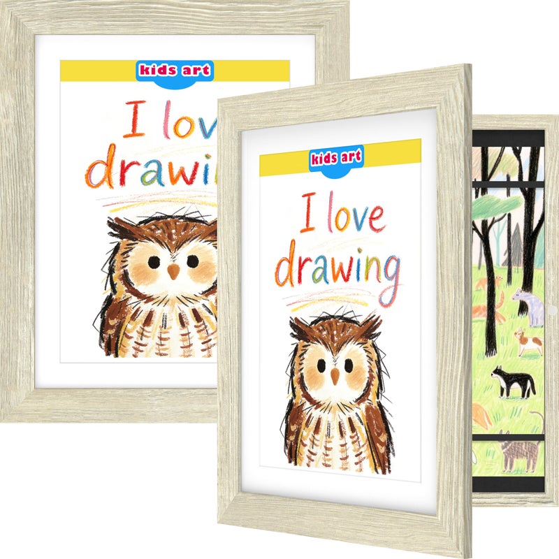 FrameWorks 2- Pack 12x18 Gray Wood Grain Wooden Children's Art Frame with Magnetic Door - Can Be Used to Display 3D Artwork, Photos, and Crafts - Gallery Style Edge Wall Decoration - Image 1