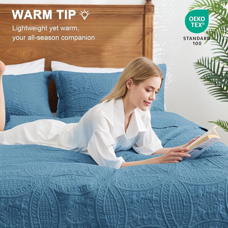 Love's cabin Quilts for Queen Bed Misty Blue Bedspreads Bedding Set - Lightweight Bedspread Comforter - Coin Pattern Bedding Coverlet for All Season - 3 Pieces (1 Quilt, 2 Pillow Shams) - Image 4