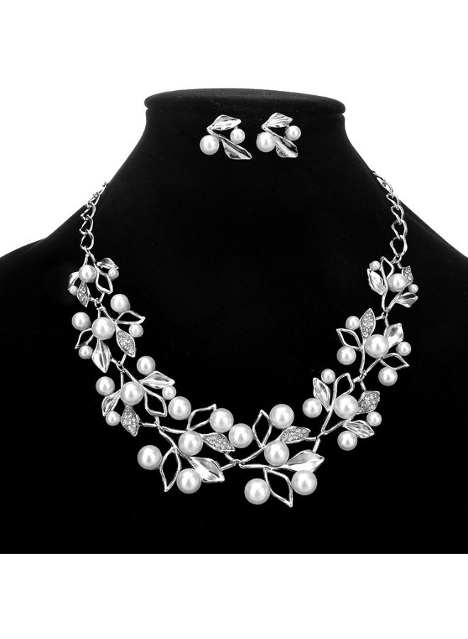 NIBEMINENT Fashionable Sparkling Rhinestone Pearl Leaf Design Necklace and Earring Set