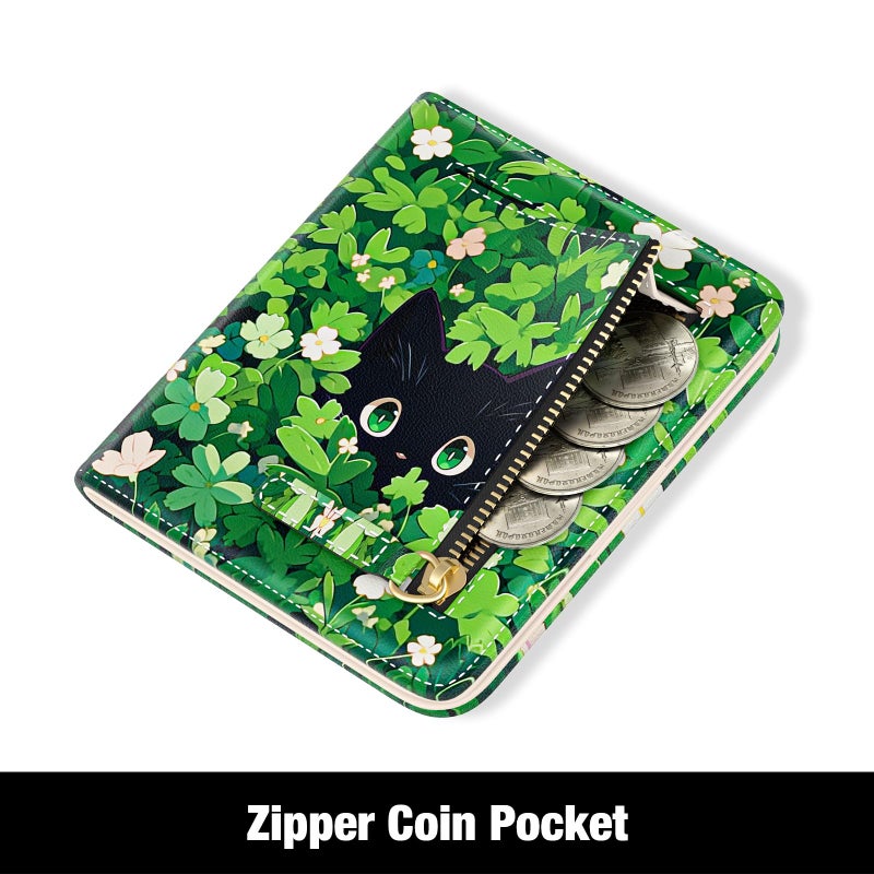 Rouidr Womens Wallet, RFID Small Slim Wallet for Women, Cute Bifold Leather Pocket Credit Card Holder Ladies Mini Purse with Zipper Coin Pocket & ID Window, Green Leaf Cat - Image 4