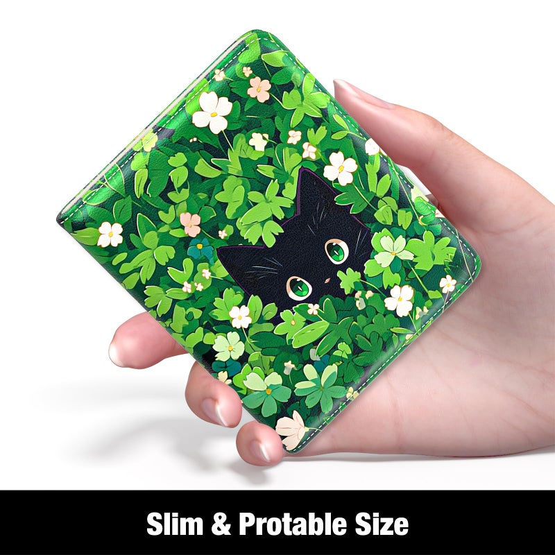 Rouidr Womens Wallet, RFID Small Slim Wallet for Women, Cute Bifold Leather Pocket Credit Card Holder Ladies Mini Purse with Zipper Coin Pocket & ID Window, Green Leaf Cat - Image 2