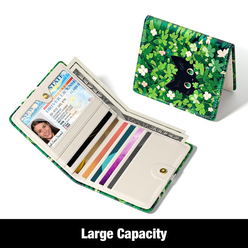 Rouidr Womens Wallet, RFID Small Slim Wallet for Women, Cute Bifold Leather Pocket Credit Card Holder Ladies Mini Purse with Zipper Coin Pocket & ID Window, Green Leaf Cat - Image 3