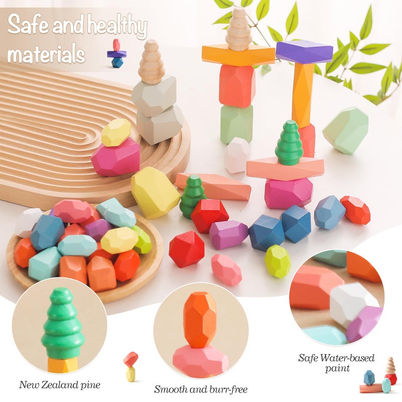 OESSUF Stacking Rocks 48Pcs Stacking Blocks Balancing Stacking Stones Wooden Building Toys Wood Stone Stacking Game for Toddler Sorting Preschool Educational Montessori Stacking Rocks for Kids - Image 3