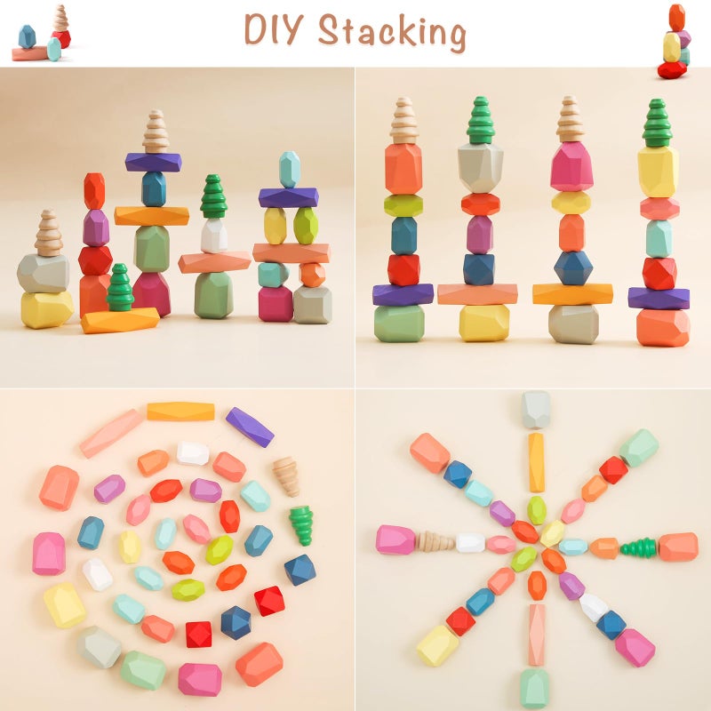 OESSUF Stacking Rocks 48Pcs Stacking Blocks Balancing Stacking Stones Wooden Building Toys Wood Stone Stacking Game for Toddler Sorting Preschool Educational Montessori Stacking Rocks for Kids - Image 4