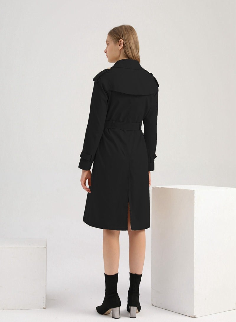 إسكدنيا معطف نسائي طويل بياقة كلاسيكية بياقة كلاسيكية وحزام قابل للتعديل أسود ارتداء يومي في مكان العمل في الهواء الطلق - Image 4
