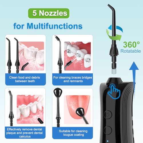 BESTOPE Water Flosser for Teeth | Cordless & Rechargeable Oral Irrigator | 300ml Tank | 5 Modes Pressure Control | IPX7 Waterproof | 5 Nozzle Tips | For Braces, Gum Care & Deep Teeth Cleaning (Black) - Image 4