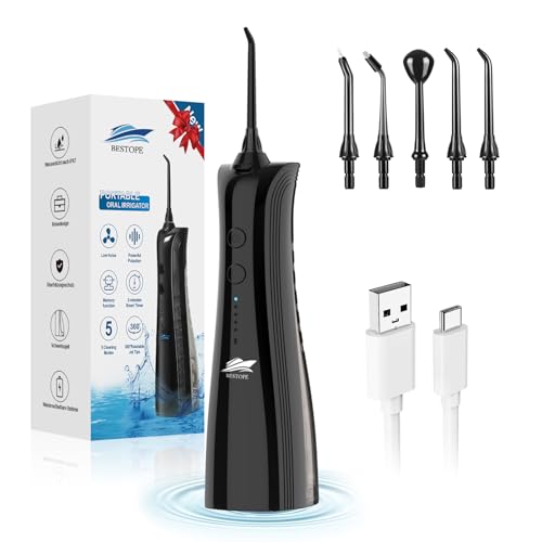 BESTOPE Water Flosser for Teeth | Cordless & Rechargeable Oral Irrigator | 300ml Tank | 5 Modes Pressure Control | IPX7 Waterproof | 5 Nozzle Tips | For Braces, Gum Care & Deep Teeth Cleaning (Black) - Image 1