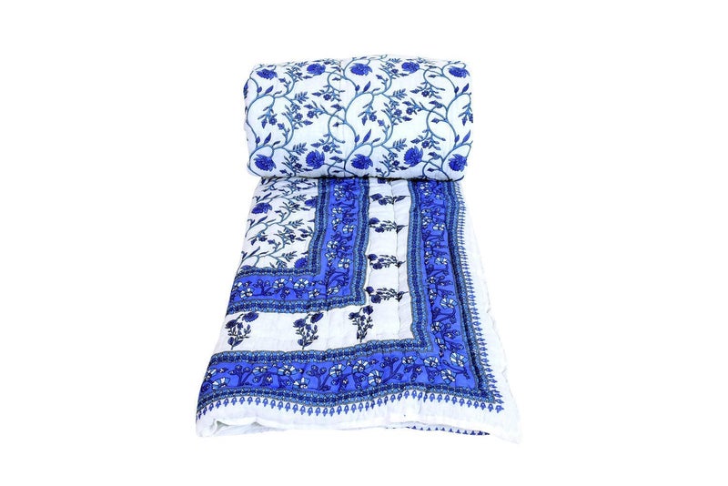 SVT Traditional Famous Jaipuri Beautiful Floral Print in White and Blue Jaipuri RajaiRazaiQuilt Twin SizeTwin Size Bed QuiltComforterAC QuiltAC Comforter - Image 2