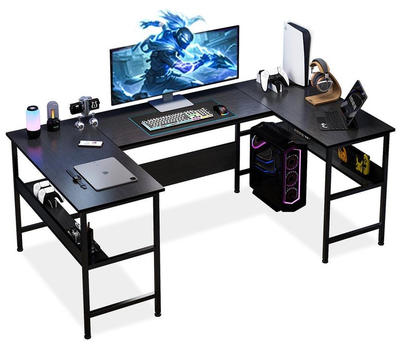 FAMAPY U shaped desk,computer desk with bookshelf layer,large desktop office desk gaming table180*100*75cm - Image 1