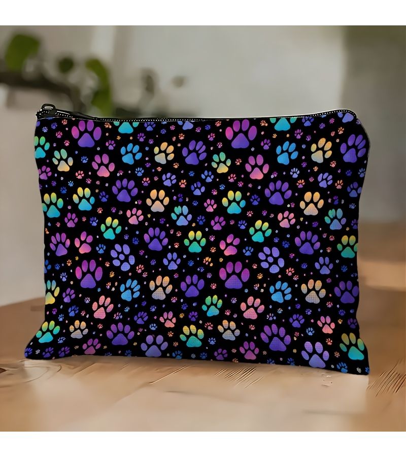 1pc Linen Double Sided Animal Paw Print Cosmetic Bag 22x18cm Lightweight Portable Makeup Travel Toiletry Organizer - Image 1