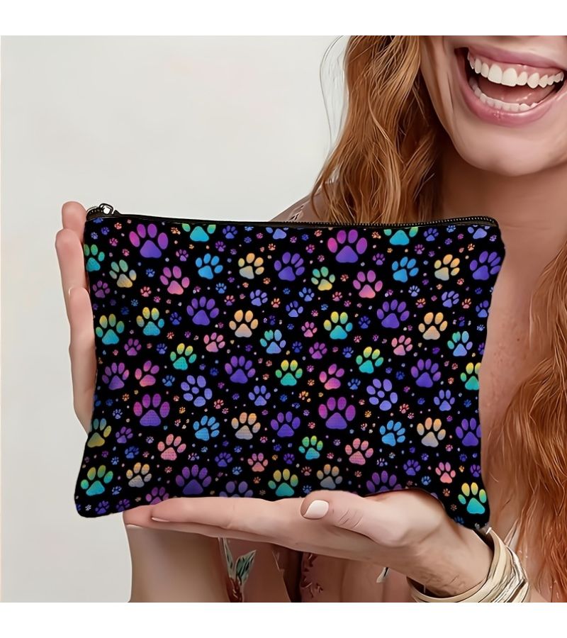 1pc Linen Double Sided Animal Paw Print Cosmetic Bag 22x18cm Lightweight Portable Makeup Travel Toiletry Organizer - Image 5