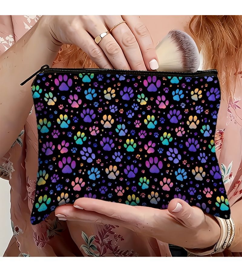 1pc Linen Double Sided Animal Paw Print Cosmetic Bag 22x18cm Lightweight Portable Makeup Travel Toiletry Organizer - Image 4